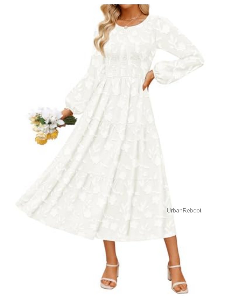 Women's Boho Floral Midi Dress Long Sleeve Crewneck Flowy Wedding Guest Dress